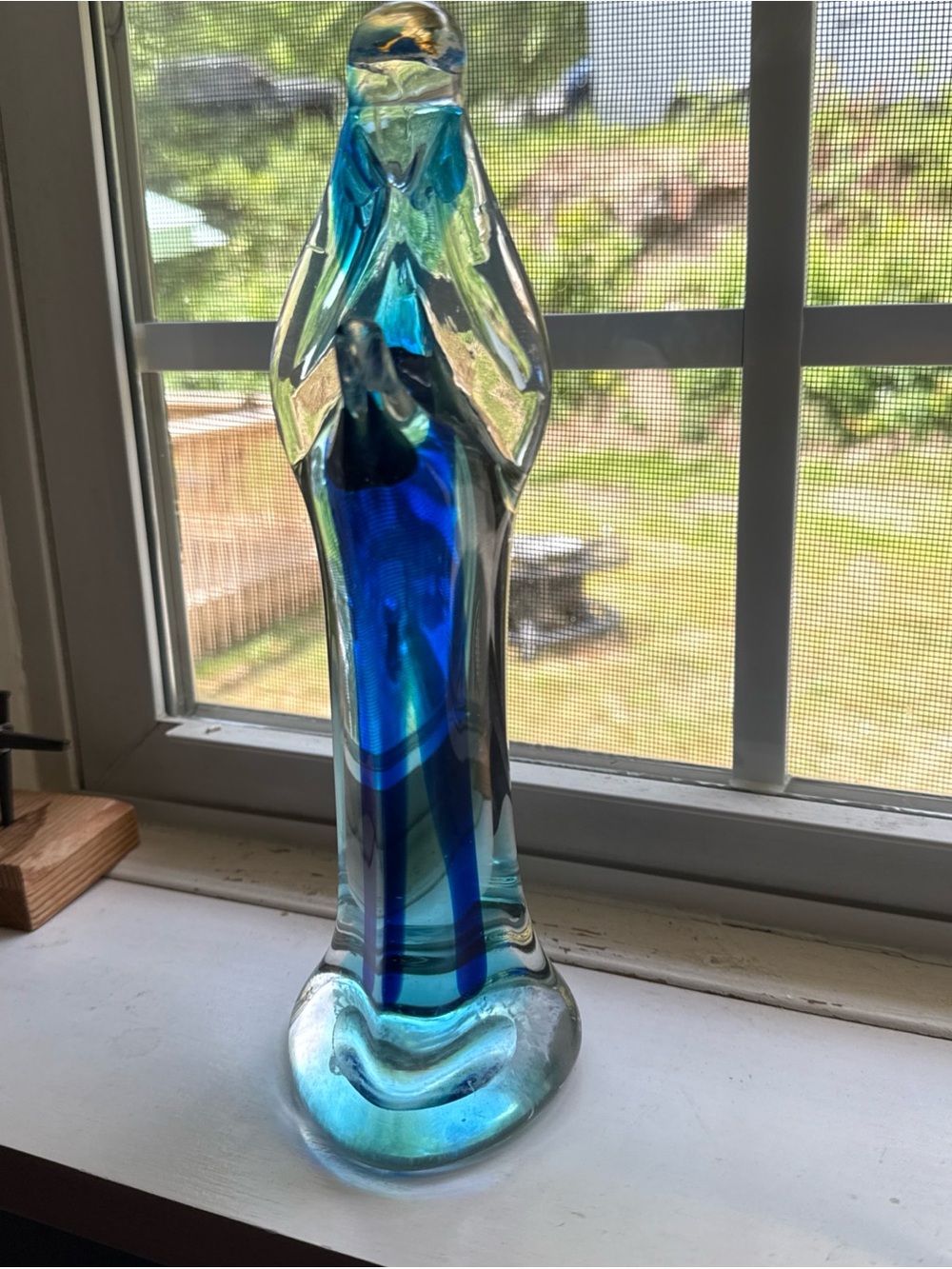 Murano Sommerso Glass Madonna Angel Clear & Blue w Aventurine Halo, 10 1/2 Inch